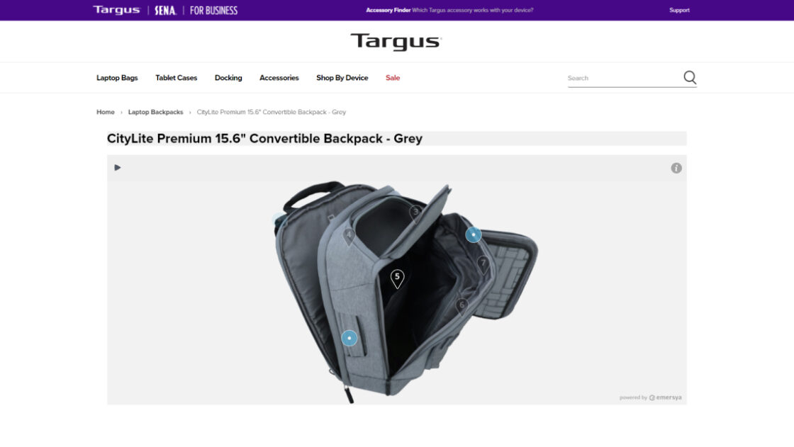 Screenshot of the Targus CityLite Premium 15.6" Convertible backpack webpage including Emersya's 3D viewer. Real-time animations and annotations empower online customers to discover the backpack on their own