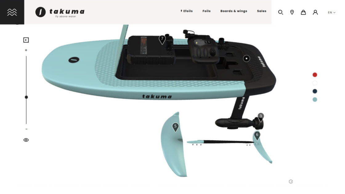 Screenshot of the Takuma electric foil webpage including Emersya's 3D viewer. Customers can trigger an exploded view of the e-foil to explore the different components and see how they all fit together. They can also switch seamlessly between the different colorways available.