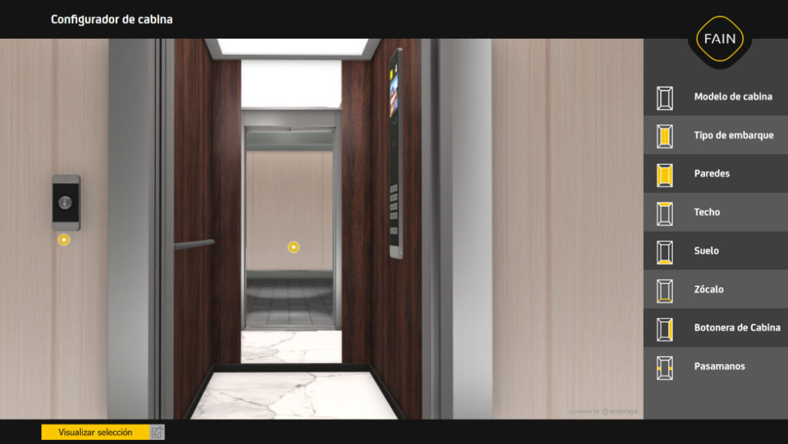 Screenshot of the Fain elevator Spanish webpage including Emersya's 3D customizer. Customers can interact with the product thanks to 3D animations and choose from different customization options on the right.