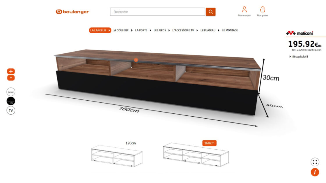 Screenshot of the Meliconi furniture product configurator on Boulanger retailer webpage. You can choose the width, the color, the doors, the feet, the tray and accessories.