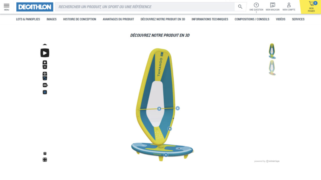 Screenshot of the Decathlon inflatable windsurf online product page page including an Emersya Interactive 3D viewer.