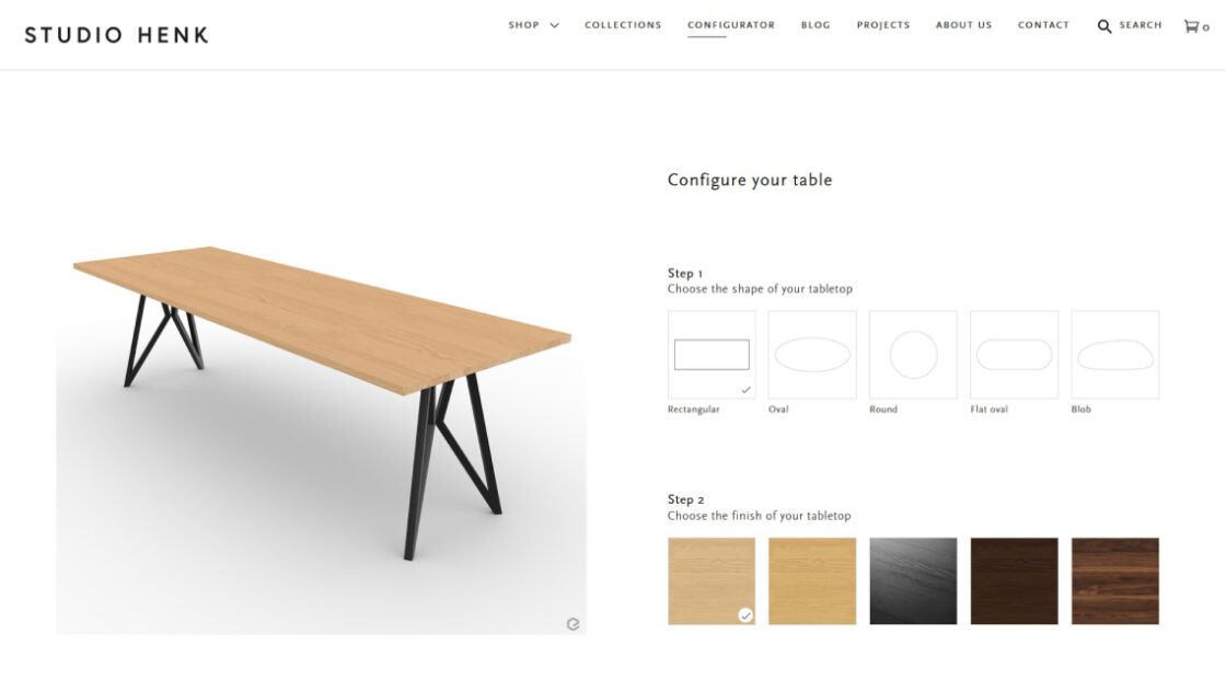 Screenshot of the Studio Henk table configurator webpage. 3D viewer on the left, the table has a rectagular table top finished with a natural oak lacquer and a black steel butterfly frame. Configuration options on the right, customers can choose the shape, size and finish of the tabletop as well as the shape and color of the frame.