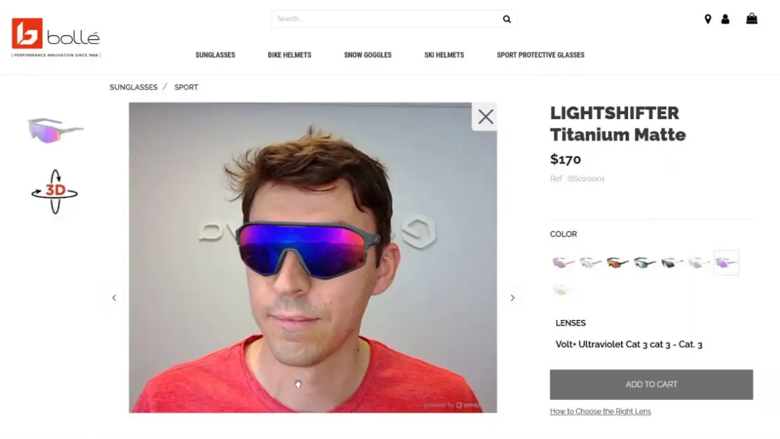 screenshot of the Bollé website with male customer trying out Lightshifter Titanium Matte sunglasses thanks to Emersya AR technology