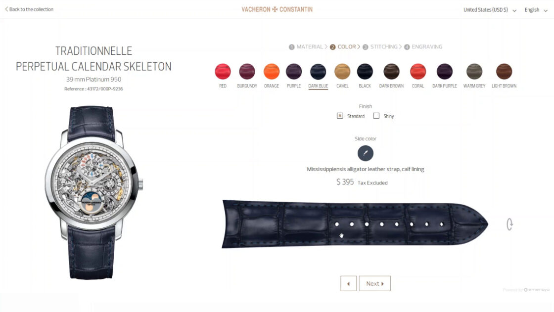 Screenshot of the Vacheron Constantin Traditionnelle Perpetual Calendar Skeleton webpage including Emersya's 3D watch strap customizer. Online customers can choose from different strap options, from material, color, stitching and engraving.