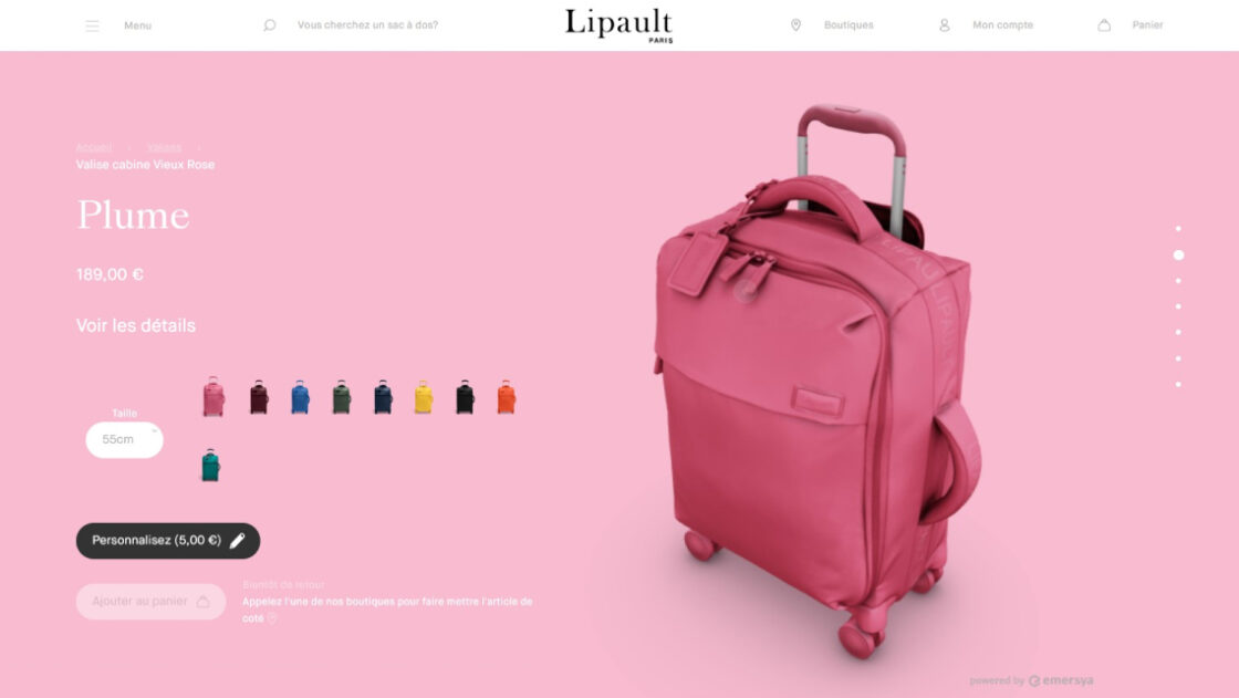 Screenshot of the Lipault Plume suitcase webpage including Emersya's 3D viewer. Customers can easily switch between all available colors and sizes. 3D model on the right side of the screen, color & size options on the left side.