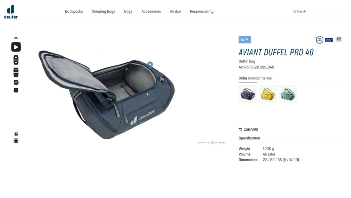 screenshot of the Deuter Aviant Duffel Pro 40 Backpack webpage including Emersya 3D viewer on the left side. Blue backpack in open position where custumer can discover the inside. On the right side technical information and 3 colorways.