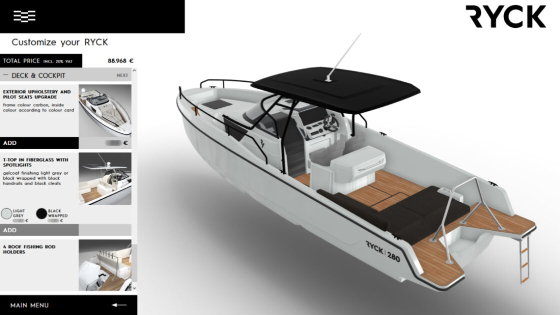 screenshot of Ryck Yacht 280 Power Boat customizer webpage. 3D viewer of the boat on the right, wiewpoint from the rear of the boat. Options menu on the left, total price at the top.