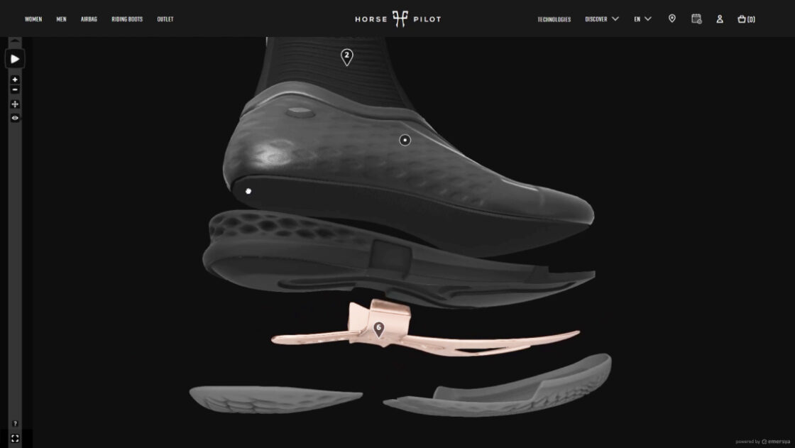 Screenshot of the Horse Pilot Teknit boot webpage including Emersya's 3D viewer. Customers can explore the product thanks to interactive 3D and discover all the features and how the different components are assembled through exploded views and annotations.