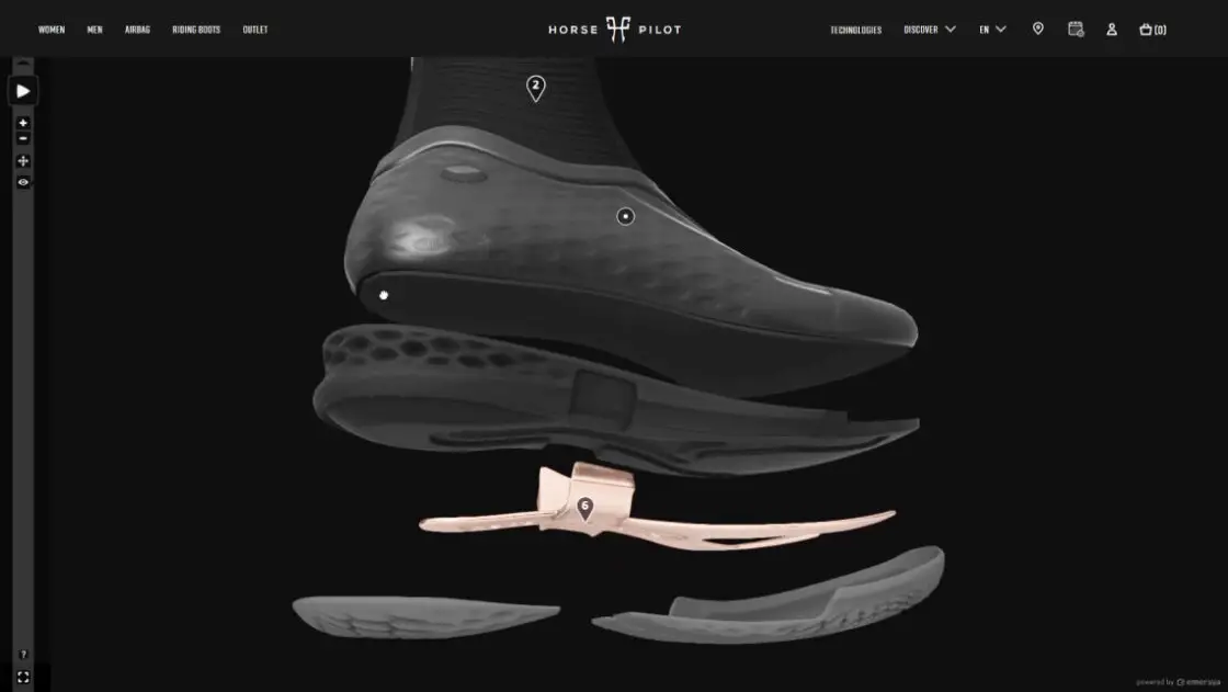 Screenshot of the Horse Pilot Teknit boot webpage including Emersya's 3D viewer. Customers can explore the product thanks to interactive 3D and discover all the features and how the different components are assembled through exploded views and annotations.