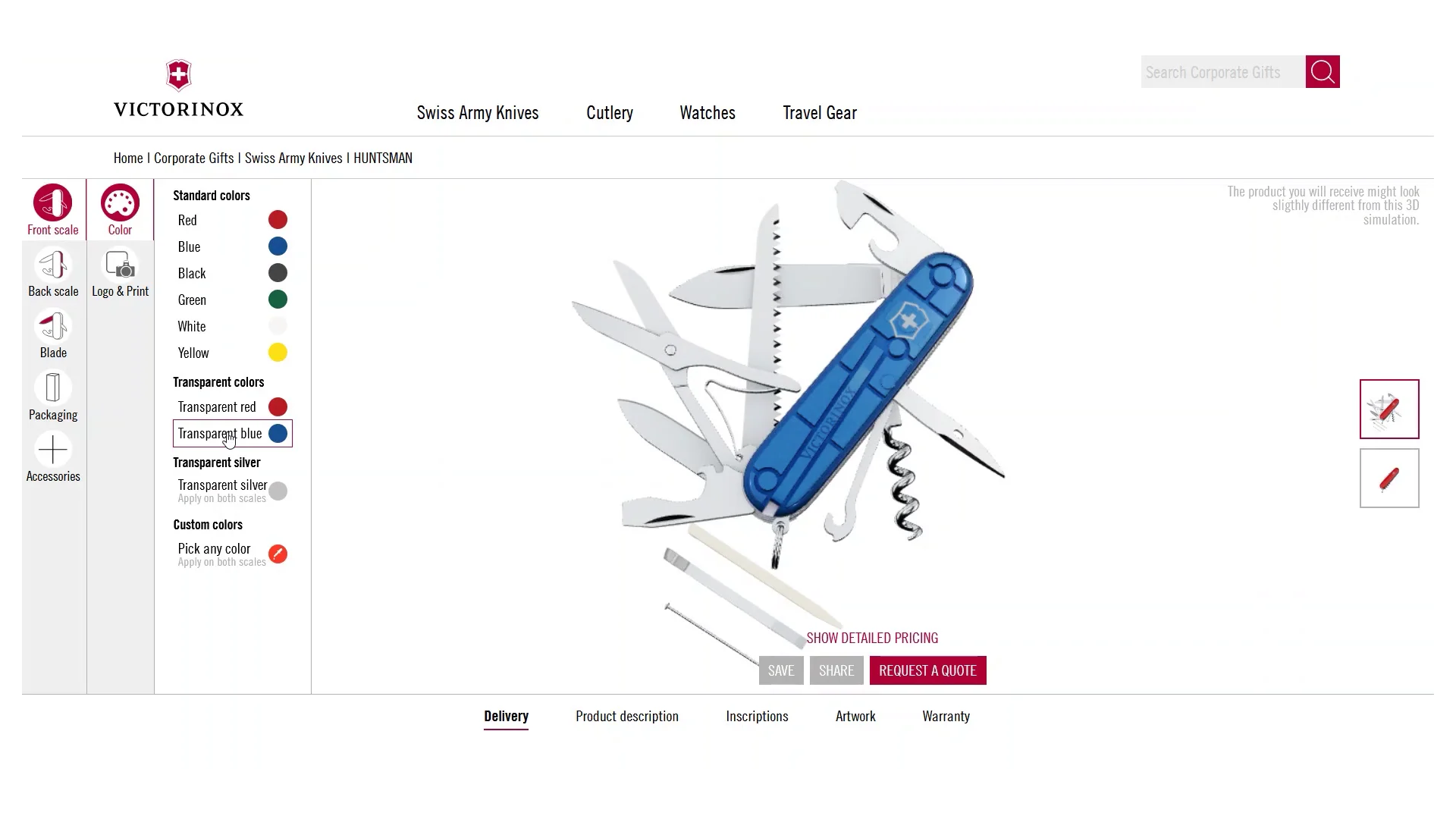 Screenshot of the Victorinox corporate gifts customization website using Emersya product customizers. You are more precisely on the Victorinox Huntsman knife customization page. The aim of the image is to illustrate the customization possbilities available on the website of the brand, where you can choose the color of the handle of your knife, place your logo and custom text on the handle and on the main blade to create a corportae gift. The customer already choosed the model of the knife (the combination of blades ), a blue handle and inserted a logo to print the handle to create his personal corporate gift.