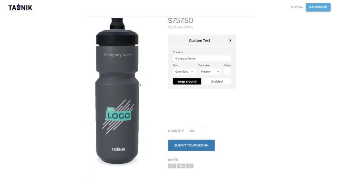 Screenshot of the Taunik customization website using Emersya product customizers, more precisely on the water bottle customization page. 3D viewer on the left side, customization options on the right. Customers can place their logo and/or custom text on the bottle.