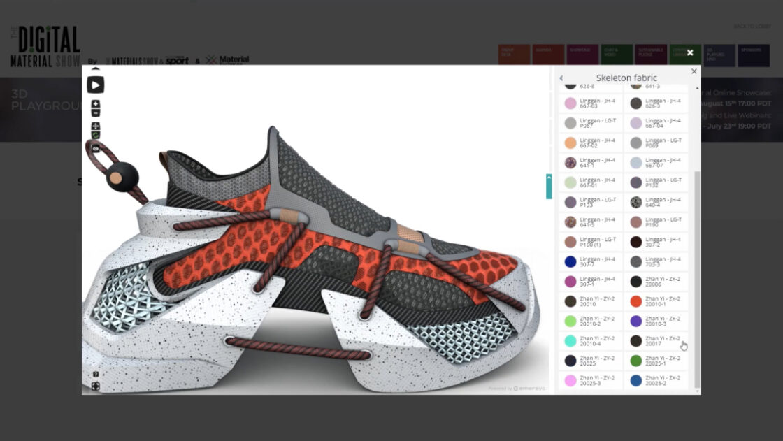 3D viewer on a pop -up screen of the website Digital Material Show. Shoe model at the centre and options menu on the right.