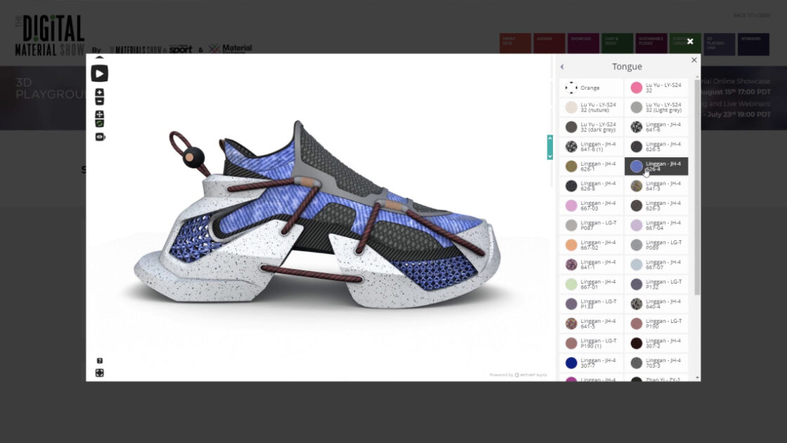 3D viewer on a pop -up screen of the website Digital Material Show. Shoe model at the centre and options menu on the right.