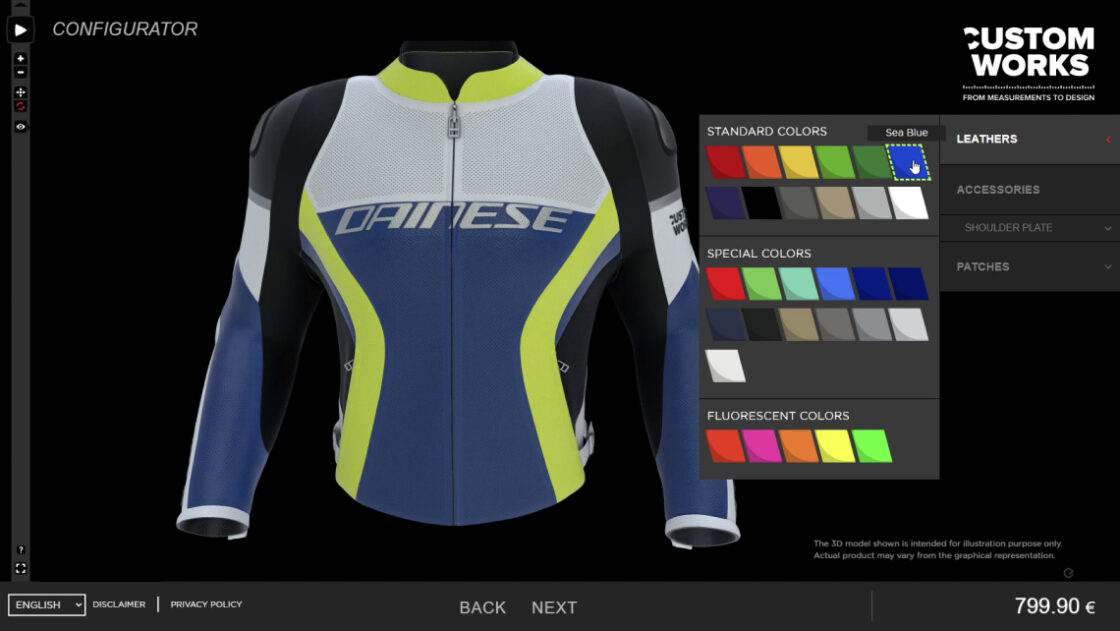 screenshot of the Dainese Custom Works Motorbike Jacket configurator webpage. 3D viewer at the centre, options menu on the right. Leathers colors menu opened.