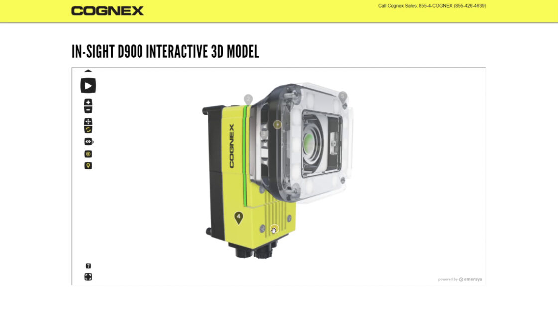 Screenshot of the Cognex in-sight D900 Vision Sensor webpage including Emersya's 3D viewer. Interactive 3D animations allow customers to discover the product and annotation proovide more detailed information on specific features.