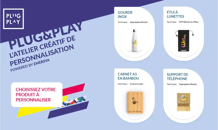 Emersya au salon C!Print Lyon 2023 Capture d'écran de la page web Plug&Play créée par Emersya pour présenter une boutique dédiée à la personnalisation en temps réel grâce à la 3D interactive. Cette boutique était directement intégrée aux machines pour produire sur le salon.