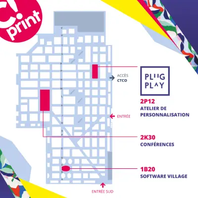 Retrouvez Emersya au salon C!Print 2023 à Lyon dans l'un de ces 3 lieux (espace conférence, village logiciel et espace personnalisation).