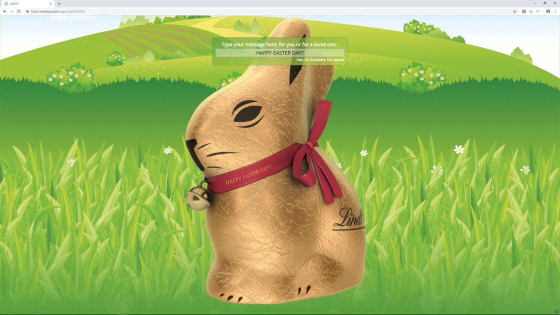 Screenshot of the Lindt Gold Bunny online personalization experience. Type your personal message to customize your Lindt gold bunny’s ribbon.