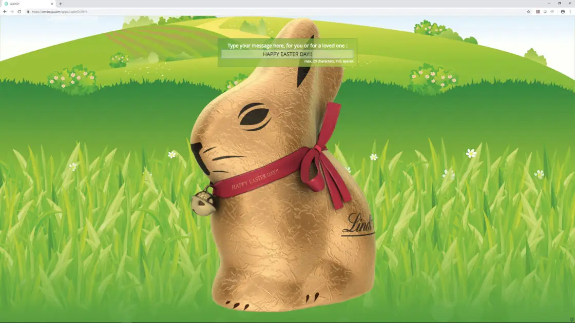 Screenshot of the Lindt Gold Bunny online personalization experience. Type your personal message to customize your Lindt gold bunny’s ribbon.
