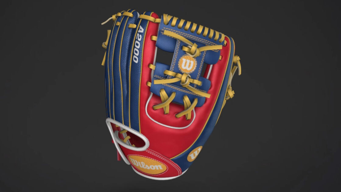 3D model of a red and blue Wilson A2000 baseball glove. Customers can click on any part of the glove and choose from the available colors to create their own custom design.