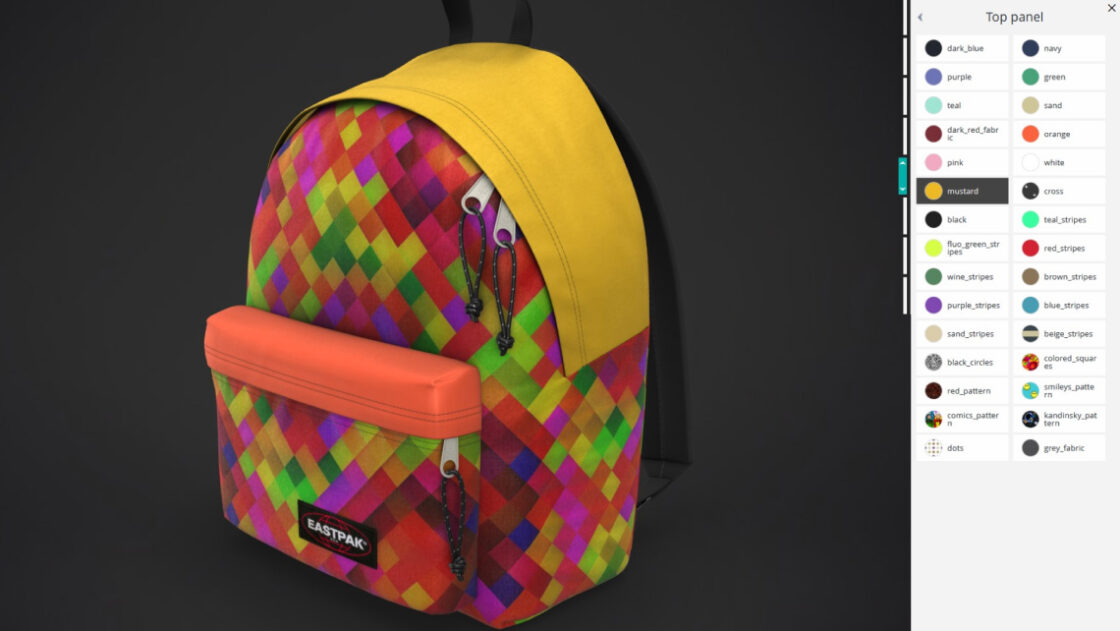 Screenshot of the Eastpak Backpack customizer. An Emersya Interactive 3D viewer showing a real-time preview of the customizable backpack takes up 2 thirds of the screen with the customizer interface (showing the different color and graphic options) taking up the last third.