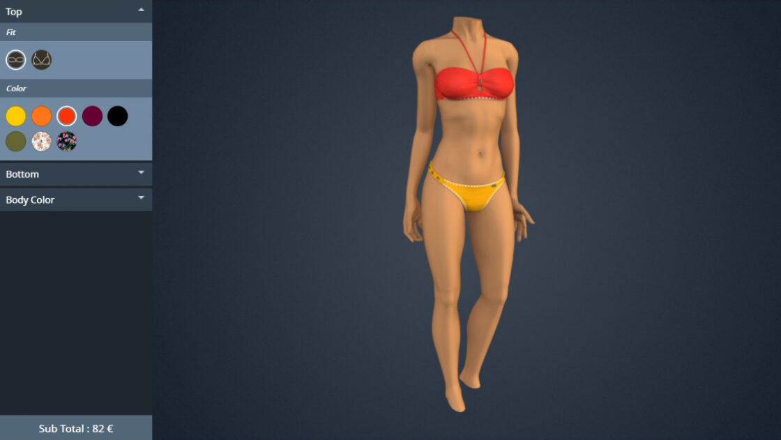 Screenshot of the Emersya mix & match bikini customizer. The real-time 3D viewer shows a preview of a mannekin wearing an orange bandeau style bikini top with yellow tie-side bikini bottoms.