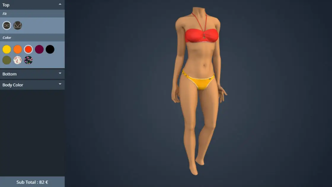Screenshot of the Emersya mix & match bikini customizer. The real-time 3D viewer shows a preview of a mannekin wearing an orange bandeau style bikini top with yellow tie-side bikini bottoms.