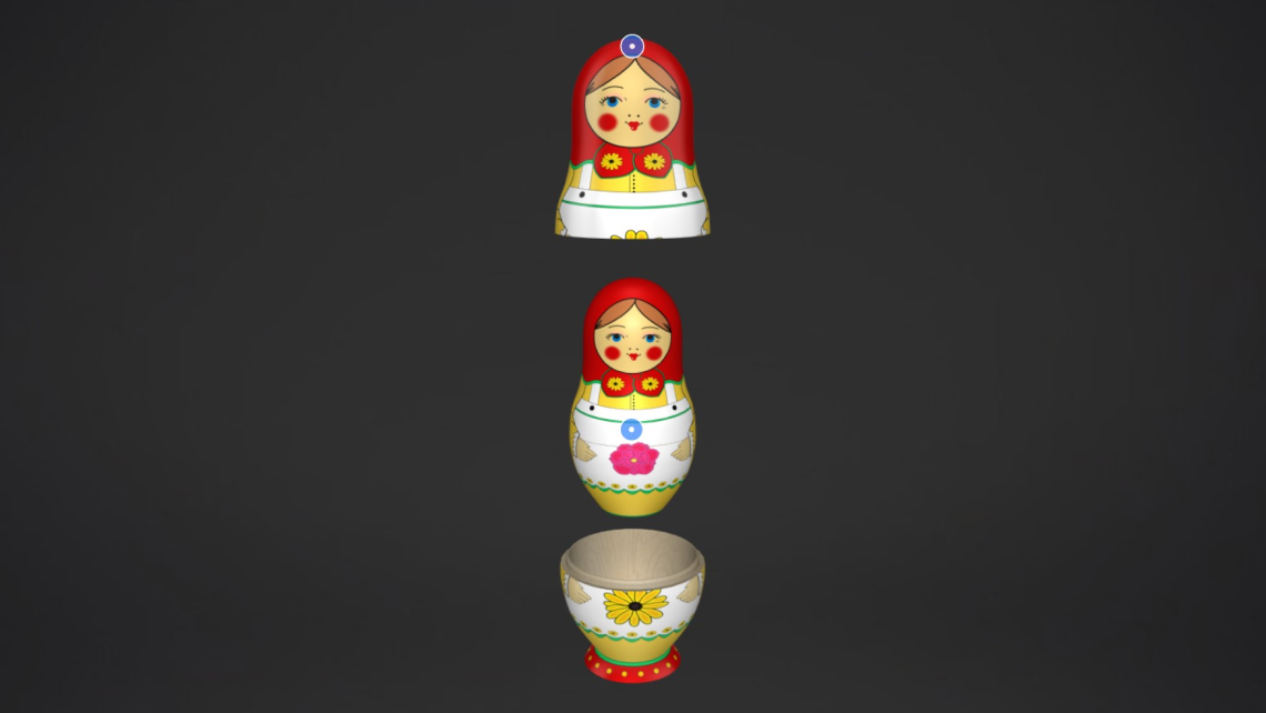 Presentation of a Russian doll using Emersya interactive 3D. Triggers reveal the various hidden dolls.