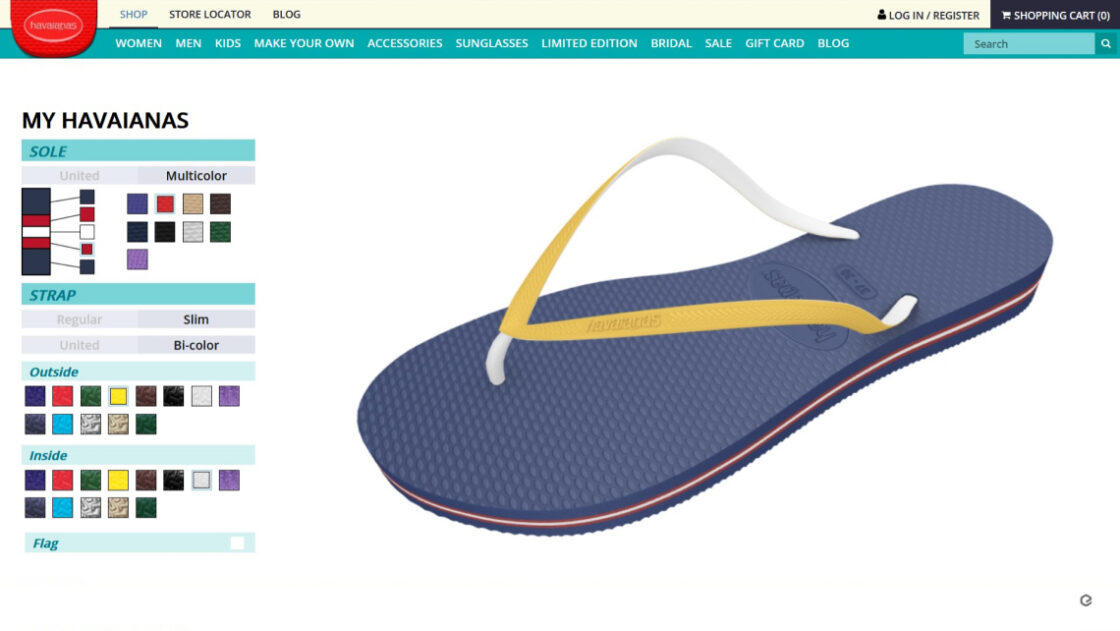 screenshot of the Havaianas customizer using Emersya's technology. Customers can customize different parts of the flip flop (sole, strap).