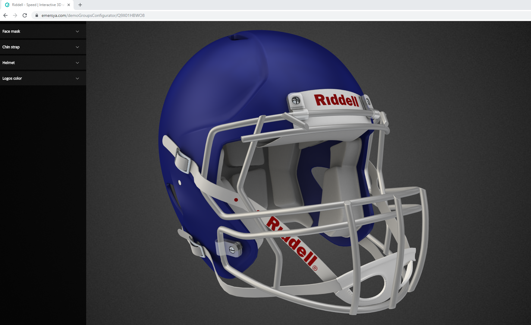 Riddell football helmet customizer in interactive 3D. Customers can seamlessly visualize and choose from the different product options and colors.