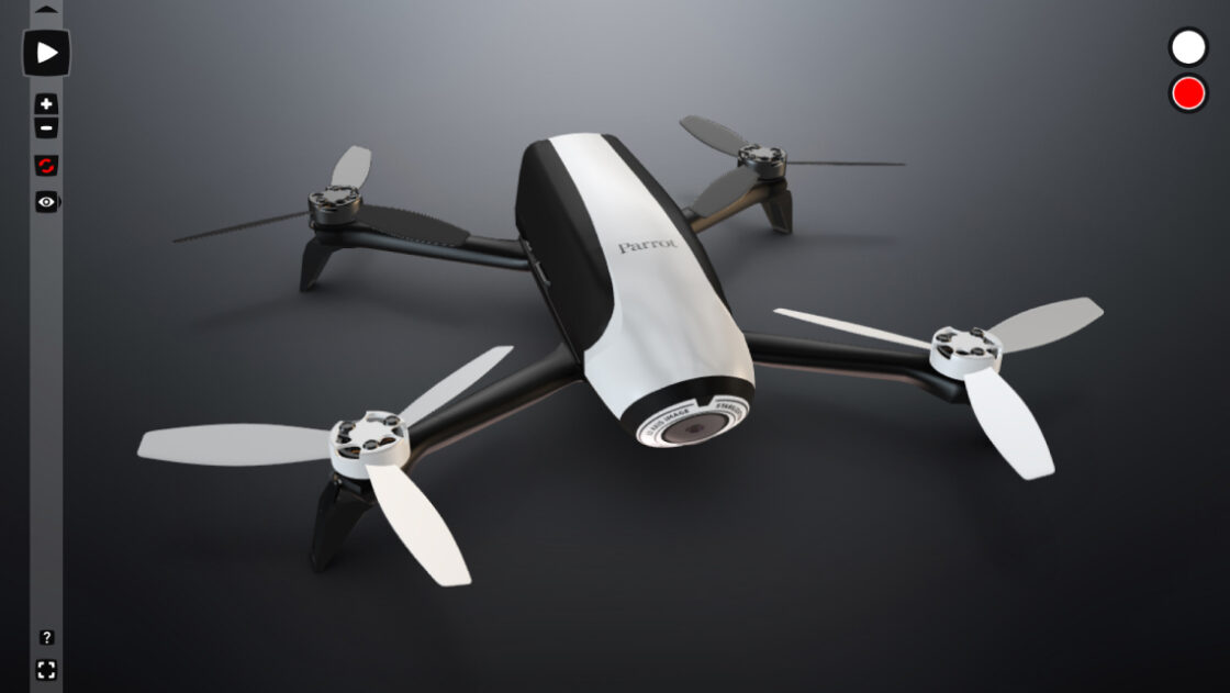 Screenshot of an Emersya Interactive 3D viewer rendering the Parrot Bebop 2 Drone, black and white model.