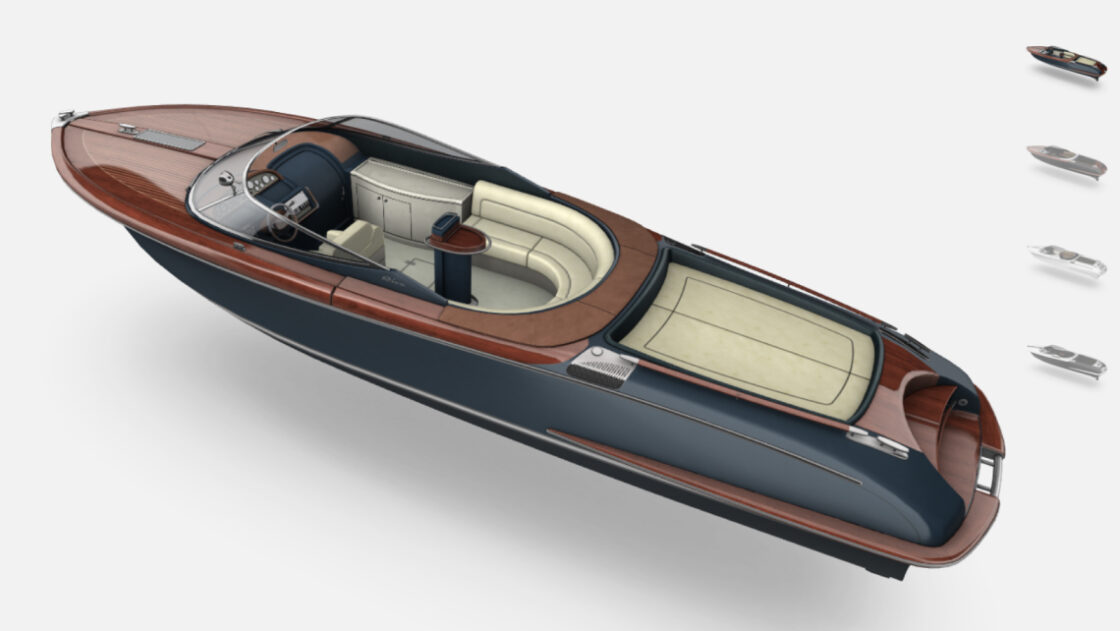 Emersya Interactive 3D viewer showing a real-time rendering of the Riva Aquariva super yacht. The model shown has a varnished wooden deck, silver blue sides and beige upholstery.