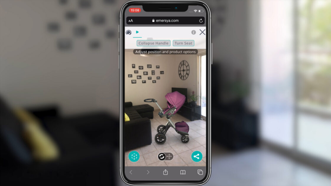 Purple Stokke XPLORY Baby Stroller placed in a sitting room using a mobile phone and Emersya's Augmented Reality.