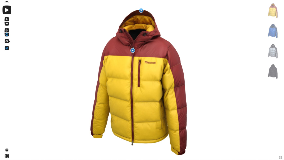 Online Emersya 3D viewer showing a real-time 3D render of the Marmot Guides Down Hoody Jacket, zipped up and with the hood down. The 3D product has 2 animation triggers on it, one on the hood and one on the zipper. On the right-hand side of the viewer, there are thumbnail of the different colorways available for the jacket: Solar yellow / Team Red (loaded in the viewer), Blue Sapphire / Dark Ink, Grey Storm / Dark Steel and Dark Steel.