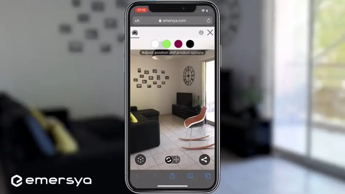 Customer previewing a rocking chair to scale in their living room thanks to Augmented Reality and their smartphone's camera. They can switch between the available colors and to see where the product fits best thanks to the built-in collision detection.
