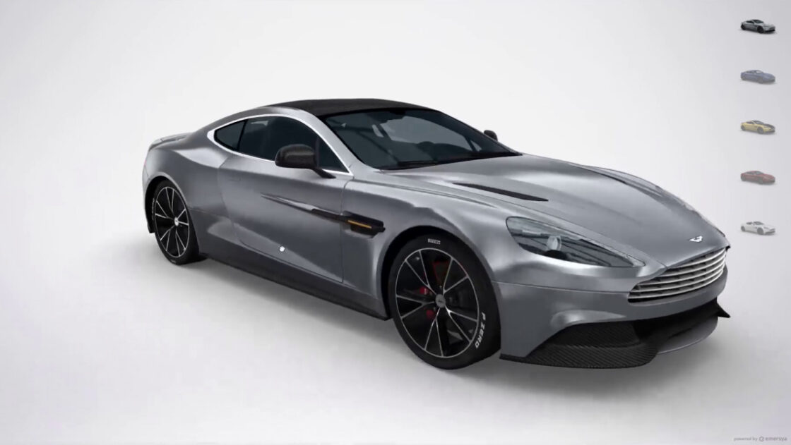 3D model of an Aston Martin Vanquish Super Car. View from the front right side, Silver model. 5 colorways miniatures presented on the right side