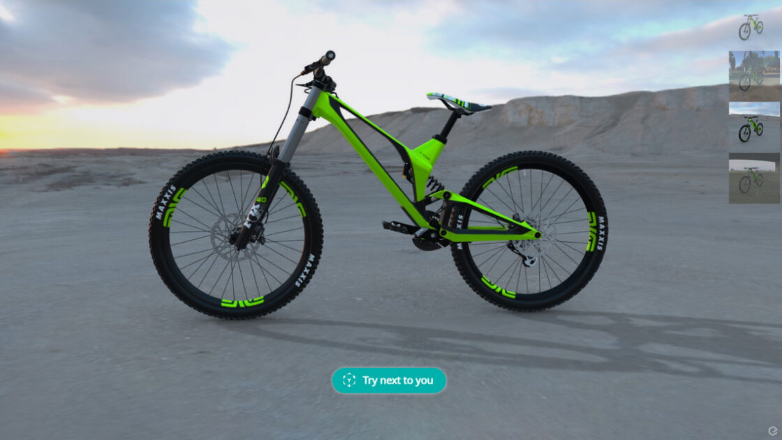 3D model of a Green Unno Ever bike in a desert environmment. Emersya offers the possibility to upload custom 360° HDR images to create unique sceneries for 3D product presentations. Customers can also discover the product in their own environment thanks to augmented reality.