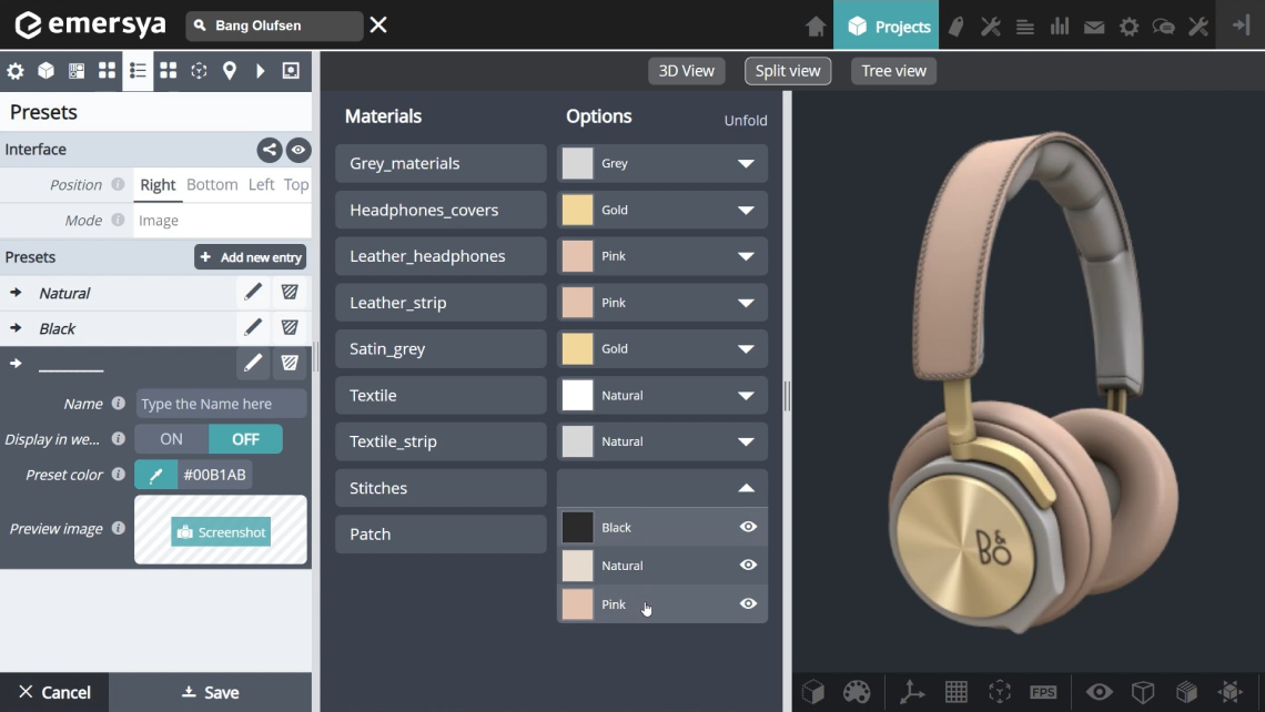 The Emersya Platform editing interface for creating different 3D product variants for the Bang & Olufson H6 headphones.