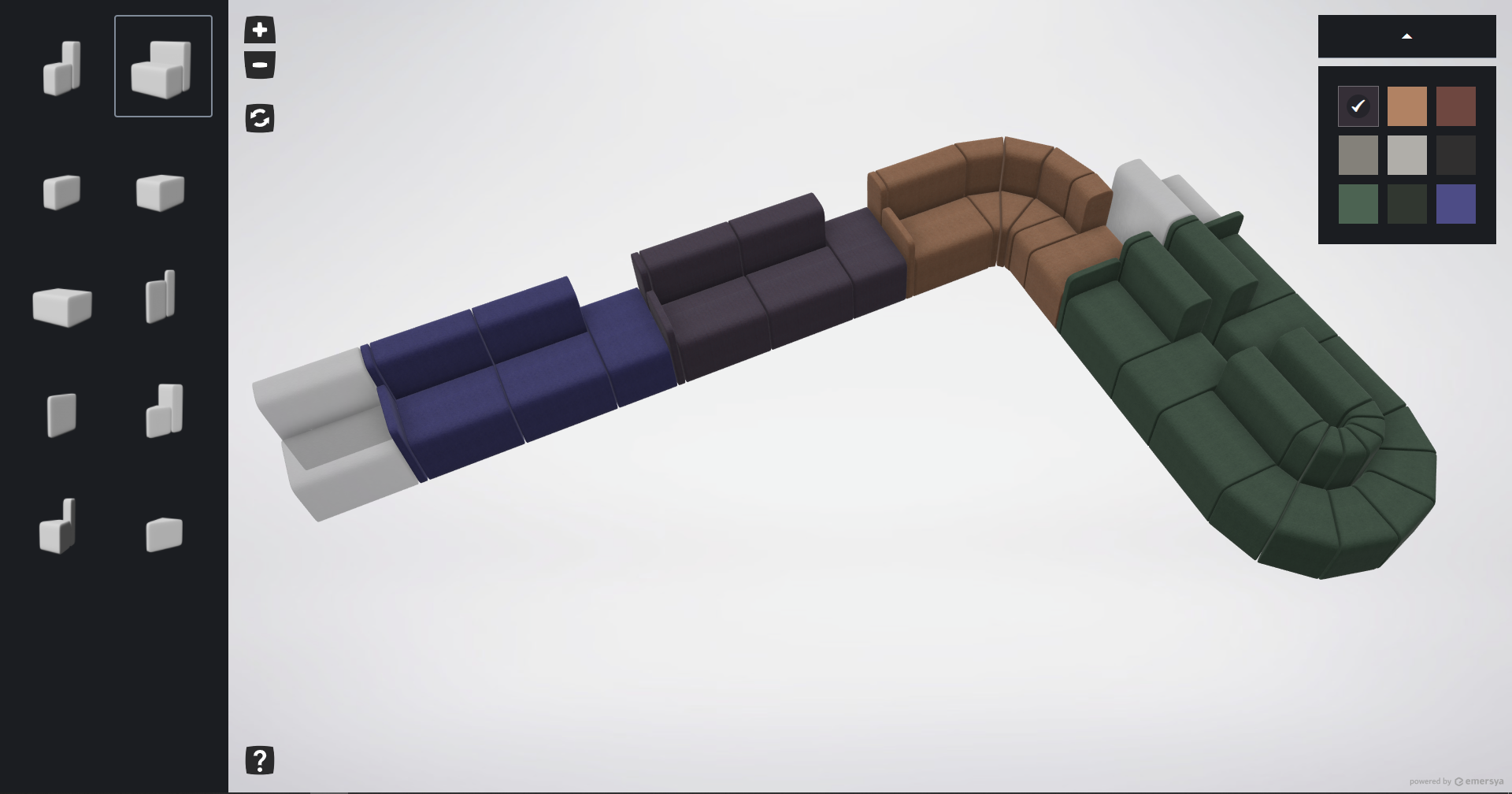 Screenshot of a modular sofa configurator. Customers can place new components where they fit and change their materials on the fly. Module options on the left, color/material options on the right, 3D configured product in the middle.