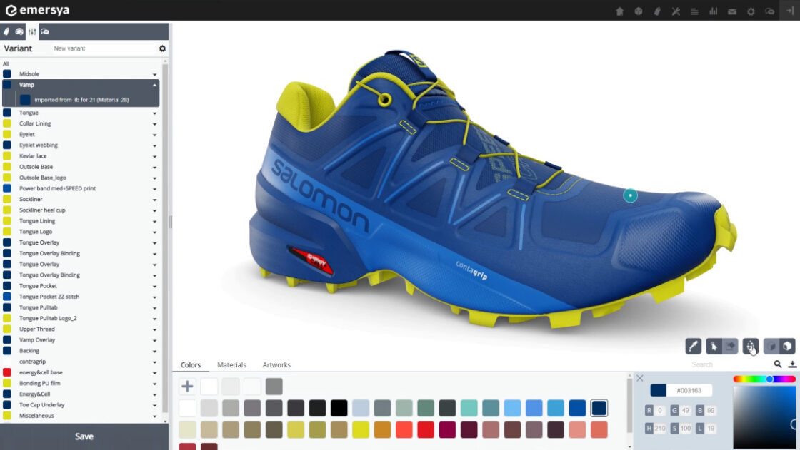 Interative 3D rendering of Salomon Speedcross 5 Shoe loaded in the Emersya DPC solution for creating colorways online. All the different parts of the shoe are listed in the interface to the on the left hand side of the shoe, with a thumbnail preview of the color that has been applied to each part. Below the shoe there is a color palette and a color editor.