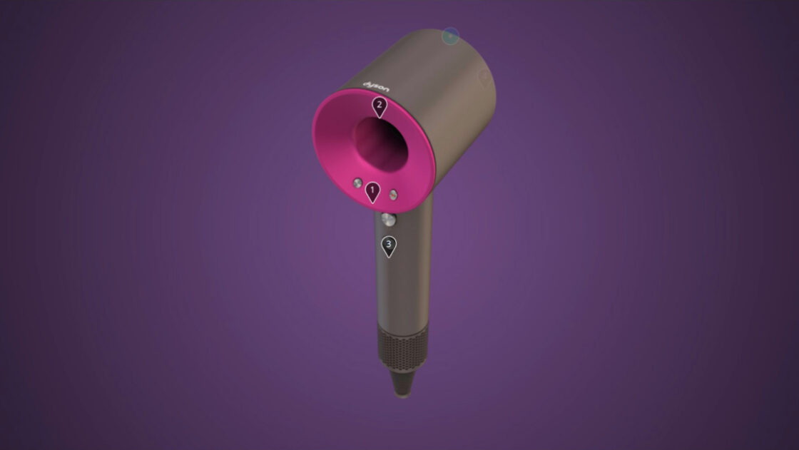 3D model of the Dyson Supersonic hairdryer, dark grey and fushia model.