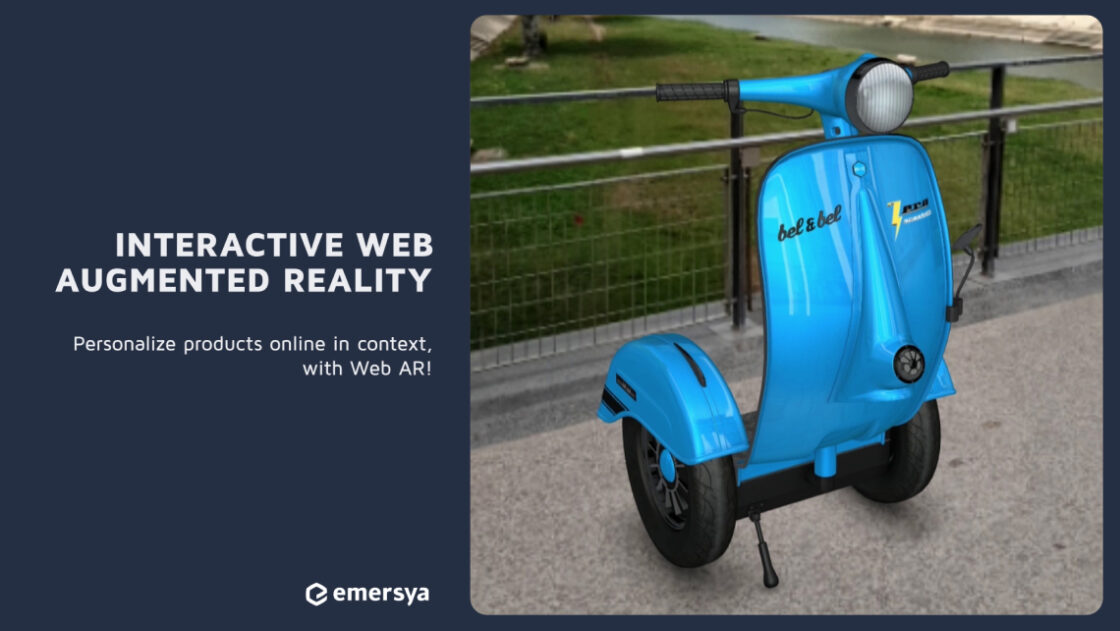 screenshot of an augmented reality blue Bel & Bel Z-Scooter in context. The scooter is parked on a sidewalk, near a fence where we can see a garden and river behind. On the left side of the screenshot, dark blue background with following text in white: "Interactive web augmented reality. Personalize products online in context, with Web AR!"