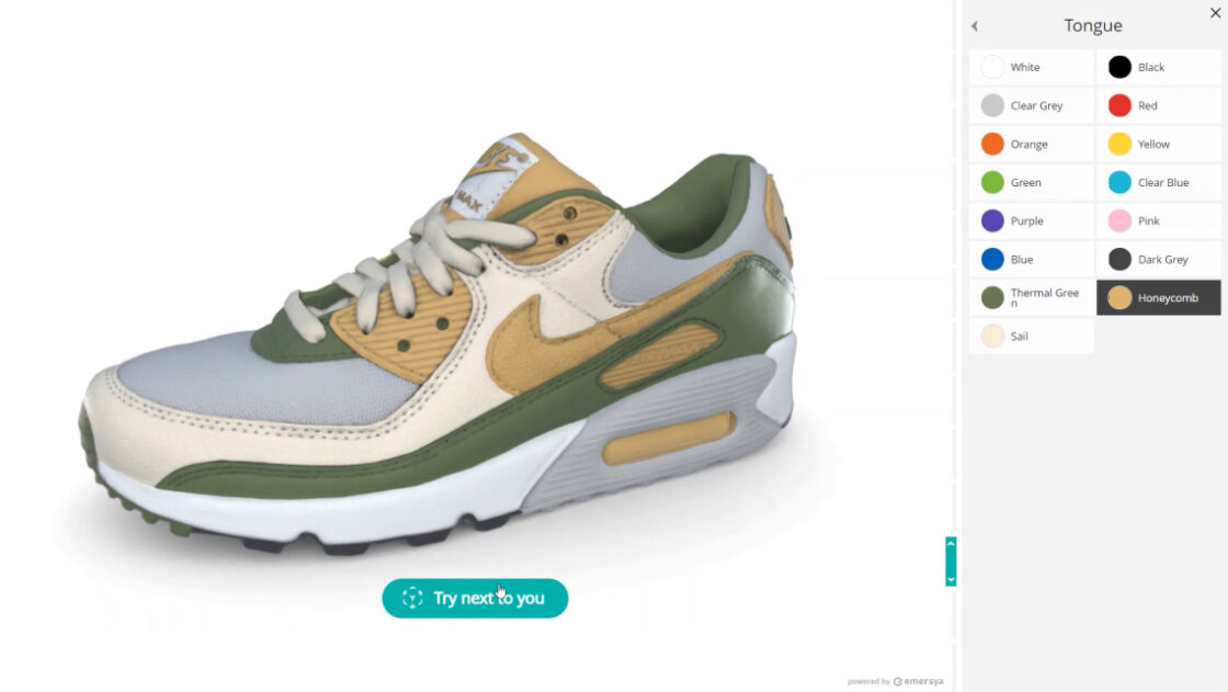 screenshot of the Nike Air Max 90 3D customizer using Emersya's technology. Customers can customize different parts of the shoe and also vizualise the product in augmented reality in their context.