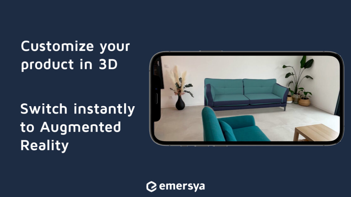 Customer trying a customized turquoise and blue sofa in AR on their smartphone. Product is shown on the customer's living room, against a wall and next to plants.