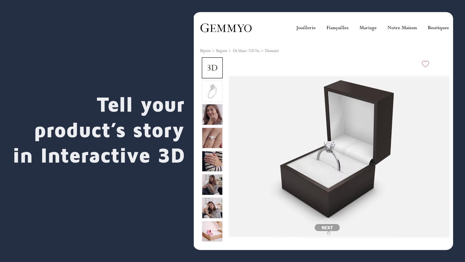 Screenshot of the Gemmyo Lady diamond ring webpage including Emersya's 3D viewer. The ring is presented in its jewelry black box and 3D animations empower customers to discover the product as if they would in-store. Emersya's technology offers engaging online story-telling experiences in interactive 3D.