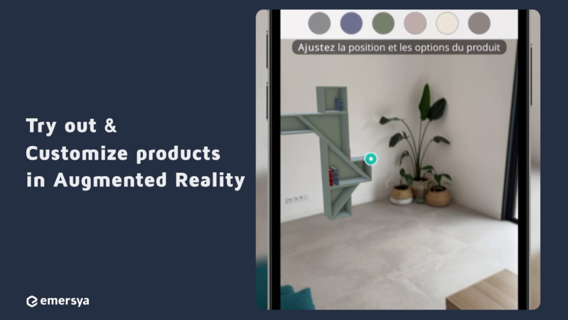Customer trying a green Lago Tangram modular bookcase in AR on their smartphone. The experience enables customers to visualize the possible configurations of the bookcase in their own space and to seamlessly switch among the available colorways, on top of the smartphone screen.