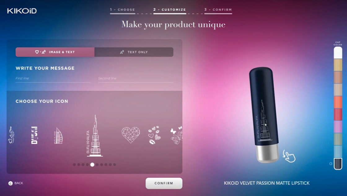 Kiko webpage of the 3D lipstick configurator in 3 steps. Here you are at the second step to customize the product with an image and a text or with a text only. In this step, you can also choose the color of the cap of your lipstick.