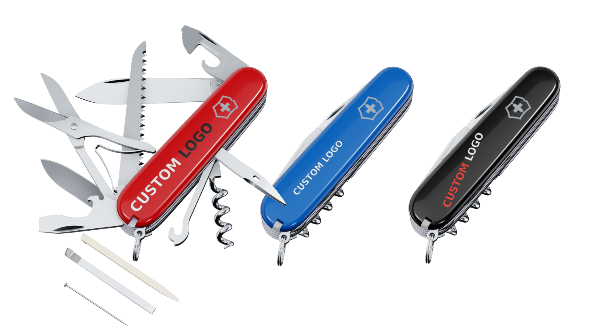 Image with three personalized Victorinox Huntsman knifes. There is a red one, a blue one and a black one. The aim of the image is to illustrate the customization possbilities available on the website of the brand, where you can choose the color of your knife, place your logo and custom text to create a corportae gift. The customer already choosed the model of the knife (the combination of blades ), a white handle and inserted a logo.