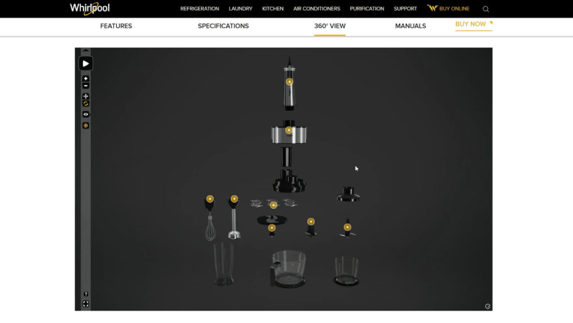 Whirlpool handblender webpage with triggered 3D animations. The hotspots trigger different 3D real-time animations. On the screenshot, you can see 8 triggers.