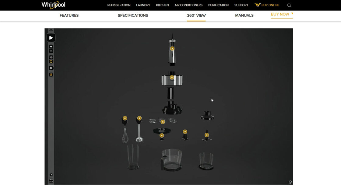 Whirlpool Handblender Thumbnail Whirlpool handblender webpage with triggered 3D animations. The hotspots trigger different 3D real-time animations. On the screenshot, you can see 8 triggers.